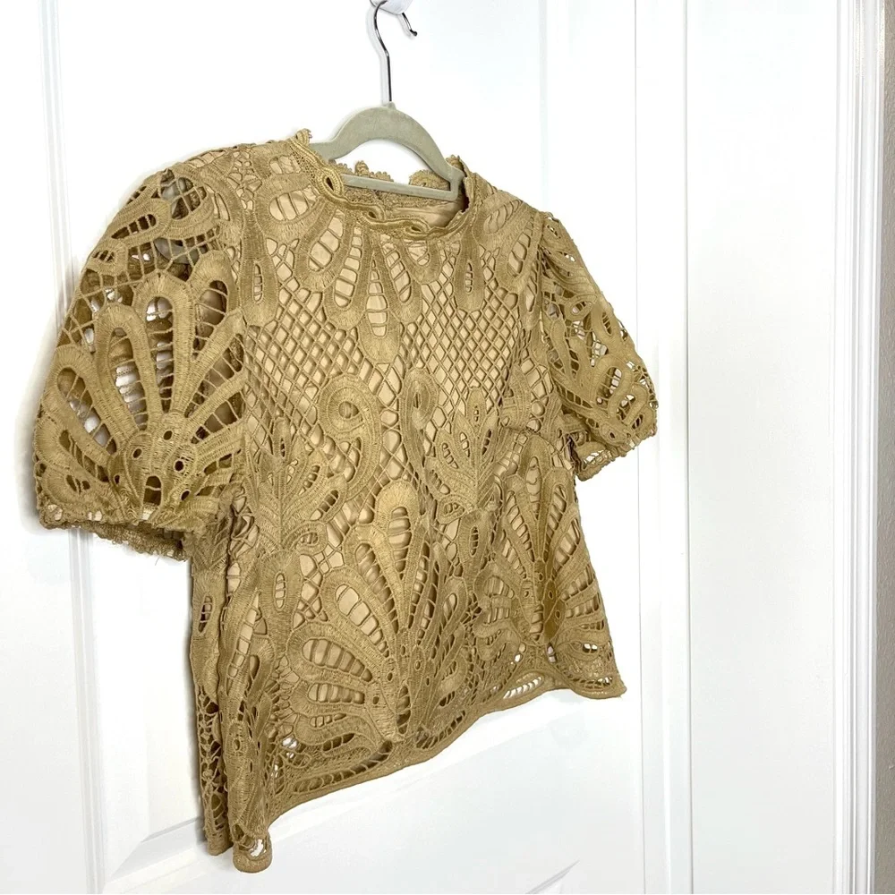 Frenchy Lace Crochet Puff Sleeve Crop Top | Size Large | Women - Picture 3 of 5